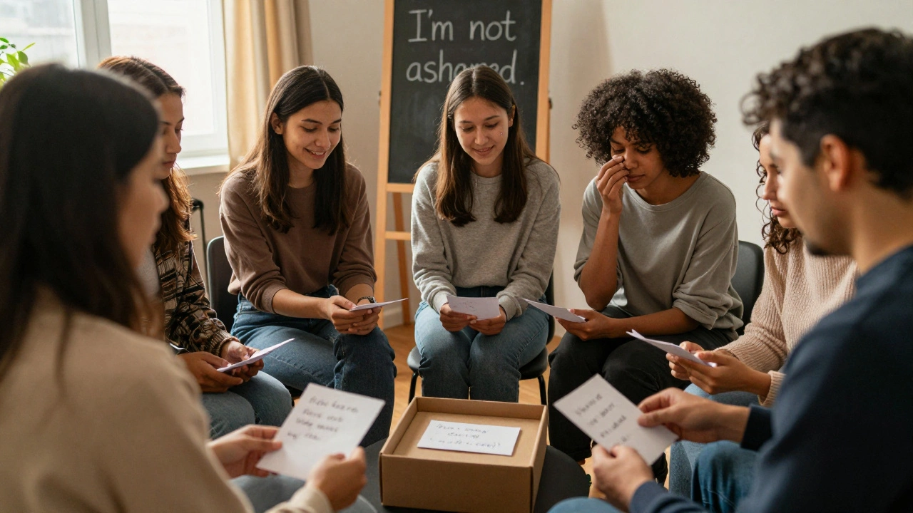 A circle of people silently sharing handwritten notes of solidarity in a warm, supportive space.