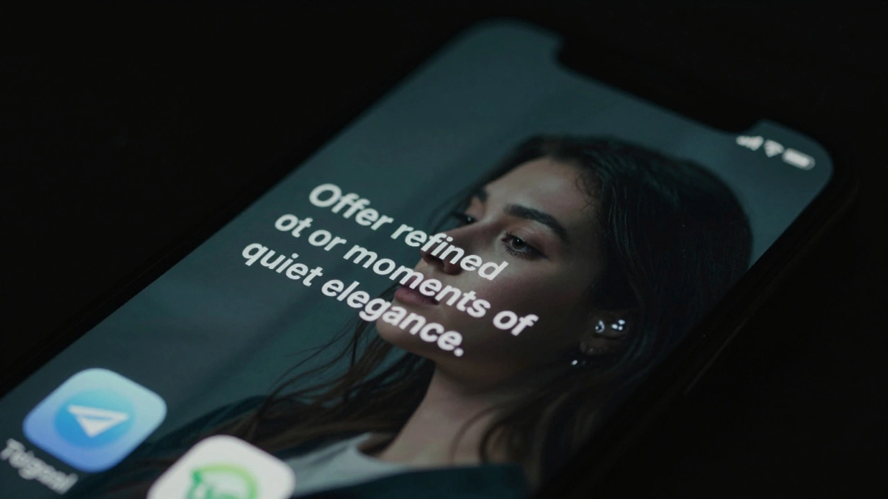 A smartphone screen showing a cryptic message about companionship, reflecting a weary woman&#039;s face in the dark.
