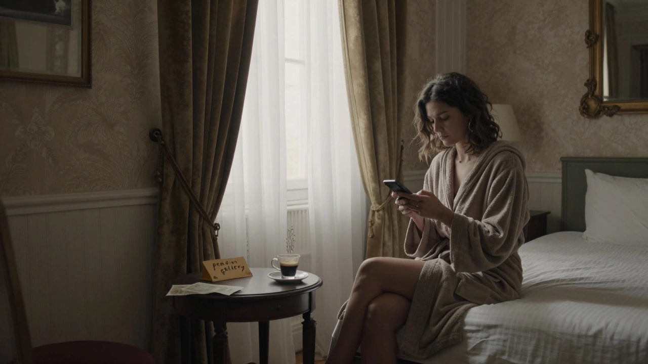 A woman sitting on a hotel bed in Nice, staring at her phone with cash and a note on the nightstand.