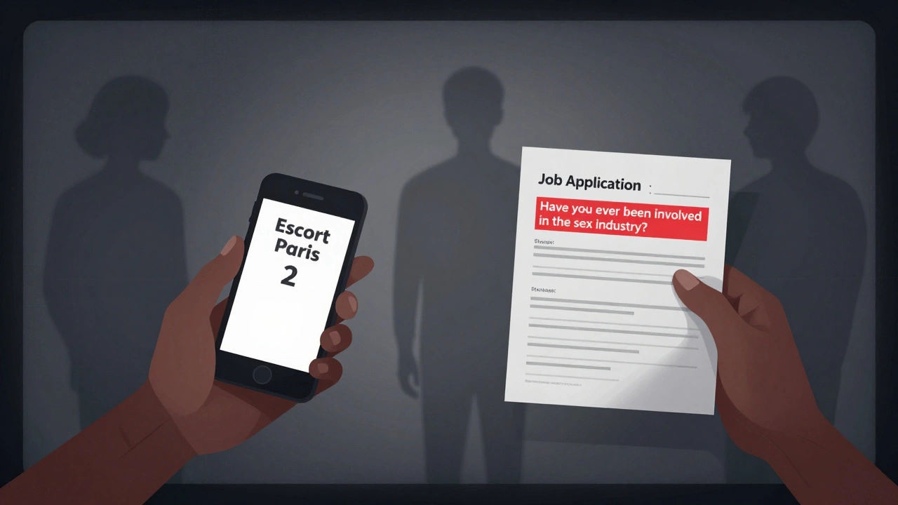 Two hands reaching across a screen showing an escort ad and a job application with a stigmatizing question.